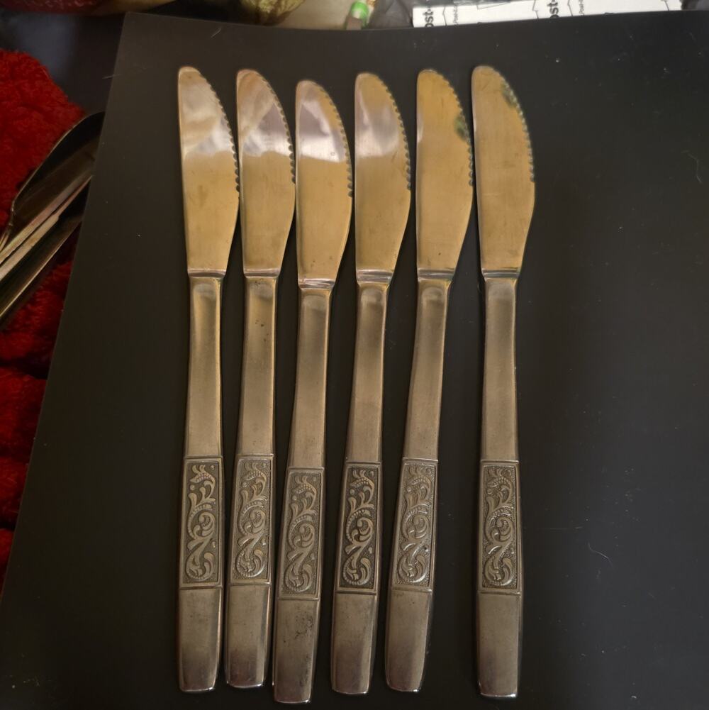 Set 6 Vintage Amefa Holland Stainless Dinner Knives Royal Damask Scroll Pattern